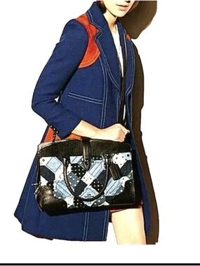 Coach Mercer 30 In Canyon Quilted Black/Blue Leather/Patchwork Denim Satchel